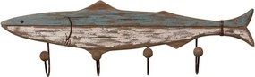 Cuier de perete din lemn de paulownia, albastru și alb, cu 4 agățători, în formă de rechin, aspect de lemn albit, 22,5 x 75 x 10 cm, „Shark”