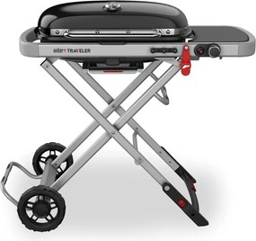 Gratar portabil pe gaz Weber Traveler WB 9010075, 3.5 kW, 63.5x34.3 cm, Grill emailat, Arzator otel inoxidabil, 2 roti, Negru/Argintiu