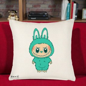 Perna Personalizata Labubu Turcoaz, 40x40 cm, Crem Reliefat, Husa Detasabila, Perna Inclusa, BEKZ®