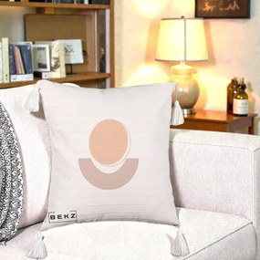 Perna Decorativa Geometric Boho Luna si Disc, 40x40 cm, Bej cu Franjuri, Husa Detasabila, Perna Inclusa, BEKZ®