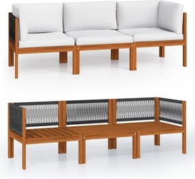 vidaXL Canapea de grădină cu 3 locuri și pernă din lemn de salcâm și frânghie