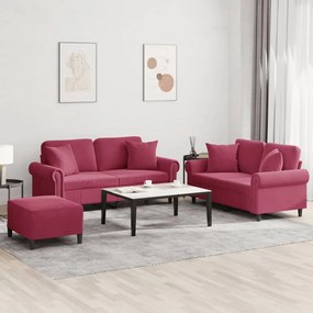 vidaXL Set canapele cu perne, 3 piese, roșu vin, catifea