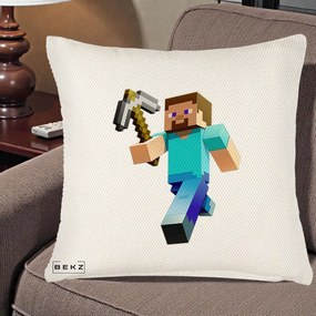 Perna Personalizata Minecraft Steve cu Tarnacop, 40x40 cm, Crem Reliefat, Husa Detasabila, Perna Inclusa, BEKZ®