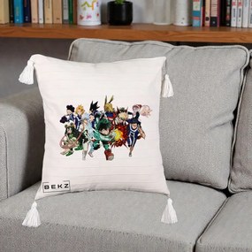 Perna Personalizata My Hero Academia Clasa 1-A Complet, 40x40 cm, Bej cu Franjuri, Husa Detasabila, Perna Inclusa, BEKZ®