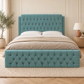 Pat tapițat Chesterfield din catifea Aveline Deluxe 160×200 cm, verde marin, cu ladă de depozitare