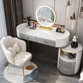 RESIGILAT- Set Anais, Masă de toaletă pentru machiaj cu oglindă iluminată LED, control touch, 4 sertare, scaun, Alb/Gri