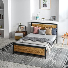 HOMCOM Cadru de Pat Single din Lemn și Oțel 140x200cm, Sipci, Tetieră Stil Industrial, Negru/Maro Rustic | Aosom Romania