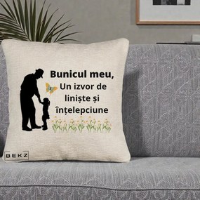 Cadou pentru Bunic - Perna Personalizata Bunicul Meu Izvor de Liniste cu Fluture si Fetita, 40x40 cm, Bej Canapea, Husa Detasabila, Perna Inclusa, BEKZ®