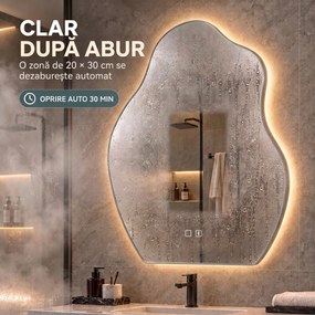 HOMCOM Oglindă baie LED 80 x 60 cm, 3 culori, design neregulat, Bluetooth, antiaburire, touch | Aosom Romania