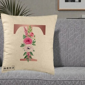 Cadou Personalizat - Perna Personalizata Monograma Rose Gold Litera T, 40x40 cm, Bej, Husa Detasabila, Perna Inclusa, BEKZ®