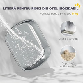 PawHut Litieră Închisă pentru Pisici din Oțel Inoxidabil, cu Capac Rabatabil, Acces Dublu și Paletă, Gri Deschis | Aosom Romania