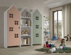 Set 3 dulapuri pentru copii Casami tip colibă de plajă – 1 deschis, 1 cu ușă Roz Confortabil și 1 cu ușă Verde Intens – Vipack