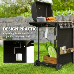 Outsunny Grătar pe Gaz cu Capac, Termometru, Masă Laterală și Tavă pentru Colectarea Grăsimii, 108x54x97 cm, Negru | Aosom Romania