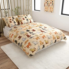Set Lenjerie cocolino COLORED CATS crema + Cearsaf Cocolino microplus cu elastic SOFT 180x200 cm alb, pat dublu