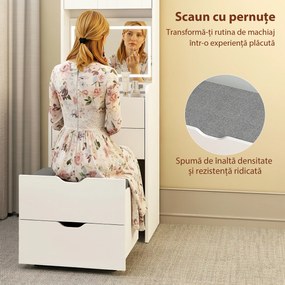 HOMCOM Stație de Machiaj cu Lumini LED în 3 Culori, Oglindă Rabatabilă, Scaun Ascuns, Măsuță de Machiaj cu Scaun Îmbunătățit, 3 Sertare, Compartiment, Dulap cu Uși din Sticlă, Modern, Alb | Aosom Romania