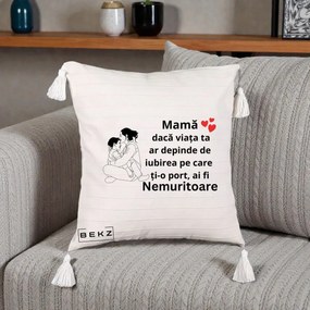 Cadou pentru Mama - Perna Personalizata Mama Nemuritoare Kawaii, 40x40 cm, Bej cu Franjuri, Husa Detasabila, Perna Inclusa, BEKZ®