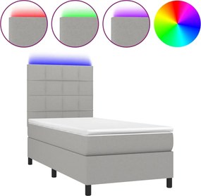 vidaXL Pat cu arcuri, saltea și LED, gri deschis, 90x190 cm, textil