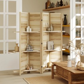 HOMCOM Paravan interior din lemn 4 panouri 160 x 170 cm, separator de cameră pliabil cu 3 rafturi, lemn natural | Aosom Romania