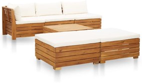Set mobilier gradina cu perne, 6 piese, alb crem, lemn acacia Crem, colt + 2x mijloc + 2x suport pentru picioare + masa, 1