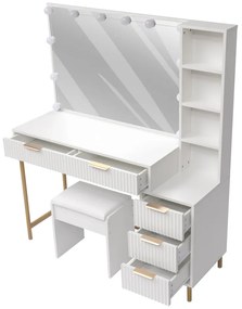 Set ANDIA, Masa de toaleta pentru machiaj, cadru metalic, oglinda iluminata, becuri LED, 5 sertare, rafturi, scaun, Alb