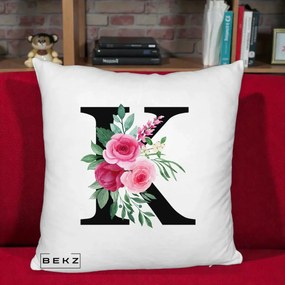 Cadou Personalizat - Perna Personalizata Monograma Florala Litera K, 40x40 cm, Alb Pufos, Husa Detasabila, Perna Inclusa, BEKZ®