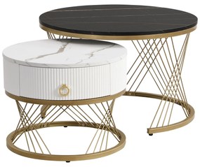 Set de 2 Măsuțe de Cafea Moderne Modulare din Marmură Sintetică cu Detalii Aurii și Sertare, Dimensiuni 70x70x45 cm și 50x50x40 cm, Negru