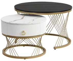 Set de 2 Măsuțe de Cafea Moderne Modulare din Marmură Sintetică cu Detalii Aurii și Sertare, Dimensiuni 70x70x45 cm și 50x50x40 cm, Negru