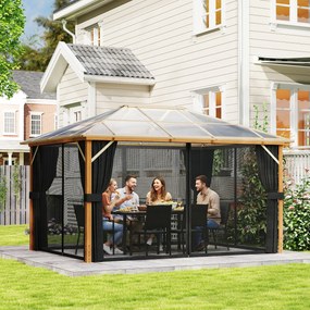 Outsunny Pavilion de grădină cca. 4x3 m Aluminiu cu acoperiș din policarbonat 6 mm, plasă anti-țânțari, 4 laterale, aspect lemn, Lemn natural | Aosom Romania