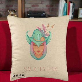 Perna Personalizata Zodiac Sagetator Cowgirl, 40x40 cm, Bej, Husa Detasabila, Perna Inclusa, BEKZ®