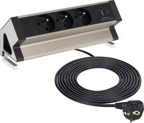 Priza pentru birou Desk Box Design Light, 3 prize Schuko, USB A + C, otel periat   negru, 244 x 75 mm Aluminiu Plastic, Otel periat Negru, L:244 mm; l