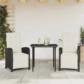 3212514 vidaXL Set bistro cu perne, 3 piese, negru, poliratan