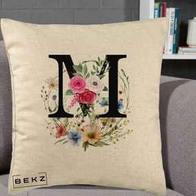 Cadou Personalizat - Perna Personalizata Monogram Litera M cu Flori Acuarela, 40x40 cm, Bej, Husa Detasabila, Perna Inclusa, BEKZ®