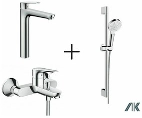 Set baterii Hansgrohe Logis E cu baterie lavoar inalta, baterie cada si set de dus cu bara crom