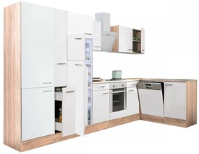 Mobilă de bucătărie de colț Yorki 370, corp din stejar sonoma, față alb satinat, element cuptor inferior, dulap cu rafturi, frigider congelator superior