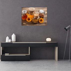 Tablou pe sticlă - Natura morta cu borcane de miere (70x50 cm)