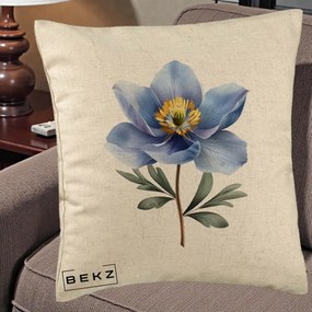 Perna Decorativa Anemona Albastra Botanica, 40x40 cm, Bej, Husa Detasabila, Perna Inclusa, BEKZ®