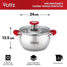 Oala Oliver Voltz OV51210N24, 24 cm, 6 l, Inductie, Manere silicon rosu, Inox/Roşu