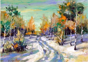 Tablou pe sticlă - Drum înzăpezit prin pădure (70x50 cm)