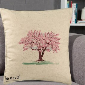 Perna Decorativa Cires Inflorit Acuarela, 40x40 cm, Bej, Husa Detasabila, Perna Inclusa, BEKZ®