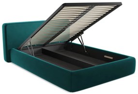 Pat matrimonial turcoaz tapițat cu spațiu de depozitare cu somieră 180x200 cm Kiana – Makamii