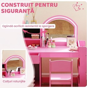 AIYAPLAY Set masă și scaun de machiaj pentru copii, cu lumini LED, MDF, Acril, 88.6 x 38.8 x 96.9, Roz | Aosom Romania