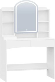 Masuta machiaj cu Oglinda LED si 2 Sertare pentru Cosmetice, Set Masa toaleta 90 cm, Alb, masuta cosmetica, vanity - SEA910