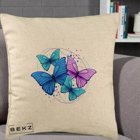Perna Decorativa Patru Fluturi Turcoaz-Violet, 40x40 cm, Bej, Husa Detasabila, Perna Inclusa, BEKZ®