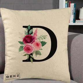 Cadou Personalizat - Perna Personalizata Monograma Florala Litera D, 40x40 cm, Bej, Husa Detasabila, Perna Inclusa, BEKZ®