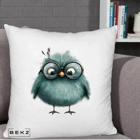 Perna Decorativa Pui Teal cu Ochelari Rotunzi, 40x40 cm, Alb Pufos, Husa Detasabila, Perna Inclusa, BEKZ®