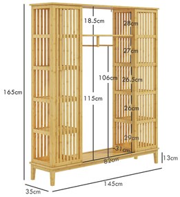 HOMCOM Dulap Deschis din Bambus cu 2 Uși Glisante, Garderobă cu Rafturi și Bară de Haine, 145x35x165 cm, Lemn Natural | Aosom Romania