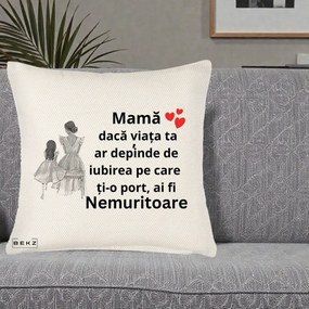 Cadou pentru Mama - Perna Personalizata Mama Nemuritoare Line Art, 40x40 cm, Crem Reliefat, Husa Detasabila, Perna Inclusa, BEKZ®