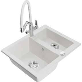 Mexen Carlos chiuvetă de granit cu 1,5 compartiment și baterie de bucătărie Duo, Albă - 6518-20-671701-02
