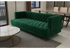 Canapea fixa Lux Chesterfield, 3 locuri, catifea, culoare verde smarald, sezut spuma, cadru lemn, picioare metal auriu