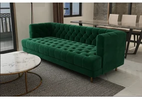 CANAPEA CATIFEA LUX CHESTERFIELD, 210X88X75 CM, CULOARE VERDE SMARALD, SEZUT SPUMA, CADRU LEMN, PICIOARE METAL AURIU